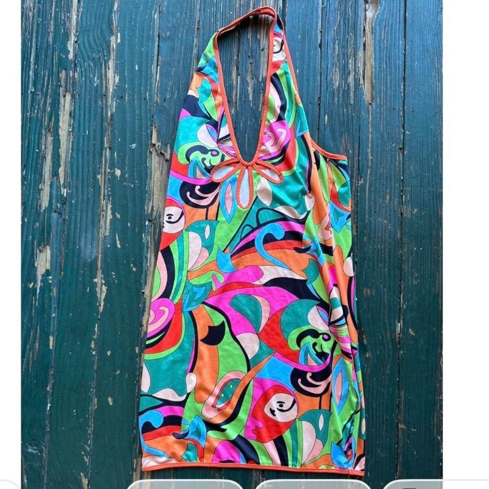 Vibrant orange, pink, and green SHEIN halter dress